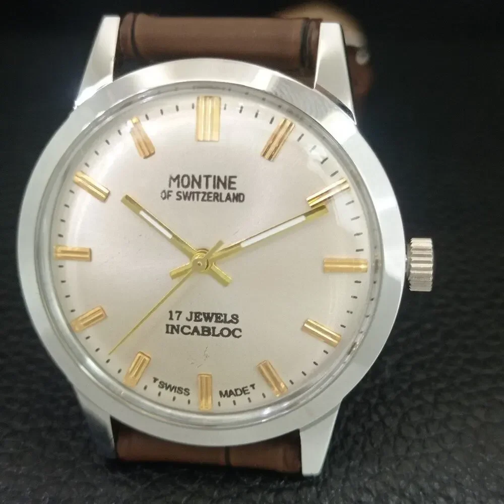 Vintage 1979 Montine Of Switzerland Manual Mens Silver Watch W/Leather Strap